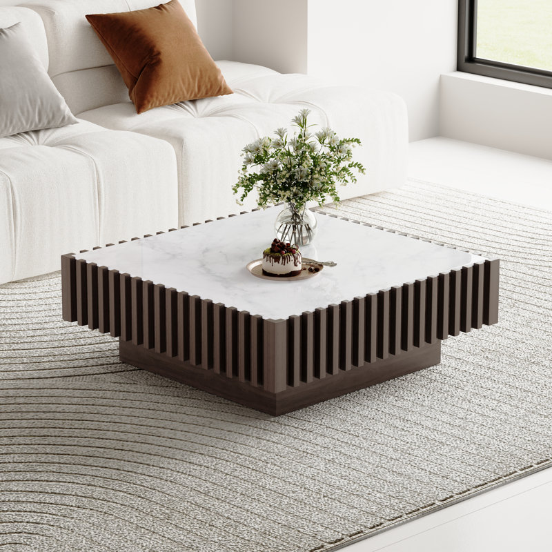Table basse 33,46 "moderne carrée, plateau de table en marbre blanc Fuax, bois massif avec 1 tiroir