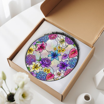 12"H Floral Pattern Stained Glass Window Panel