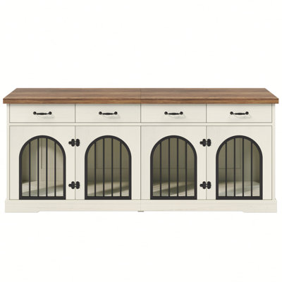 70.8'' Large Dog Crate Furniture TV Stand for 2 Dogs with 4 Storage Drawers and Divider Door