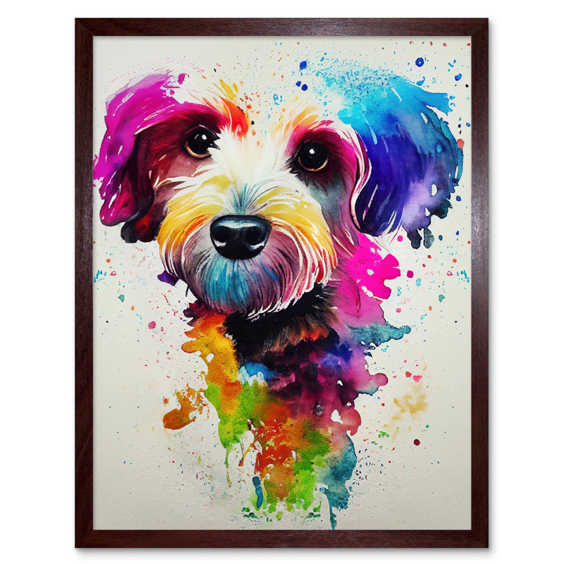 Ink Splatter Cockapoo Dog Watercolour - Print, Brown Framed Paper, 43cm H x 33cm W x 2cm D