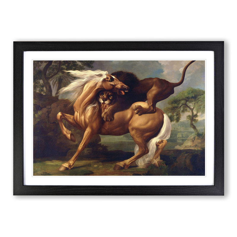 Lion Attacking a Horse by George Stubbs - Picture Frame Painting, 48cm H x 65cm W x 2cm D, Black Framed
