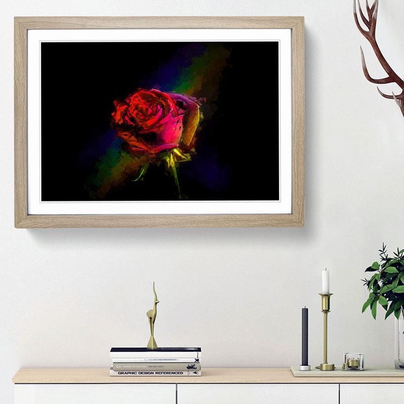 Rainbow upon a Red Rose in Abstract - Picture Frame Graphic Art Print, 62cm H x 87cm W x 2cm D, Oak Framed
