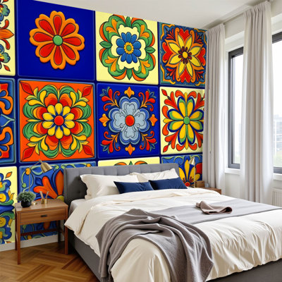 Papier peint adhésif auto-adhésif moderne pour la chambre à coucher Peel and Stick L 144 po x l 100 po - avec carrelage en céramique talavera mexicain