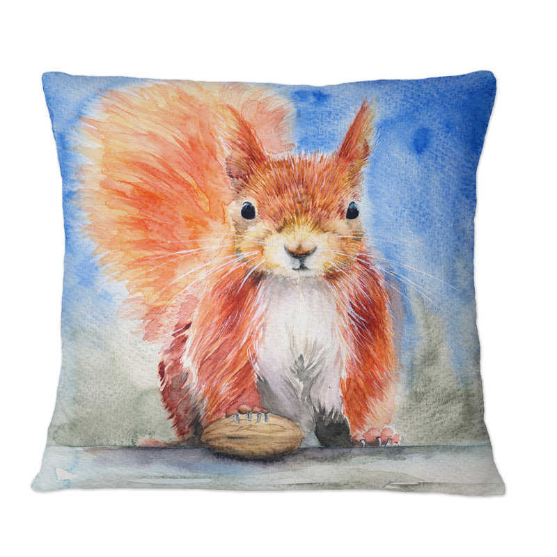Mignon écureuil moelleux rouge sur fond bleu - coussin décoratif traditionnel, 16 po x 16 po