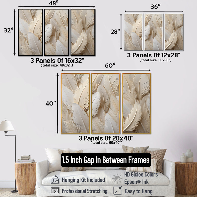 Plumes de plumes - ensemble d'art mural plumes, H 32 po x l 48 po x P 1 po, Cadre flottant brun