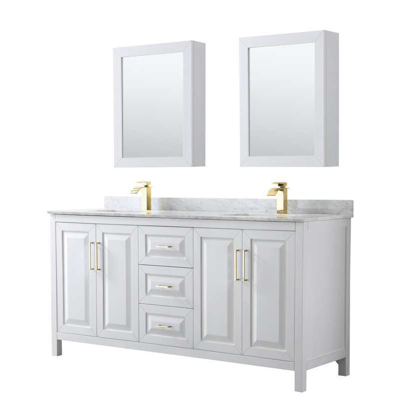 Daria 72'' W Double Vanity, White, White Cultured Marble, Brushed Gold