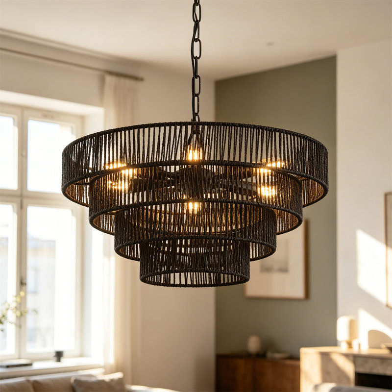 Luminaire suspendu noir en chanvre noir, Six lumières