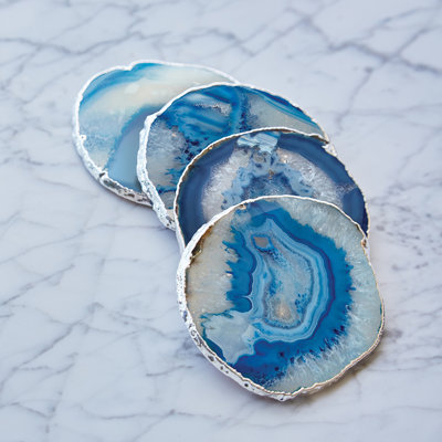 Anna New York Agate / Geode Agate Ceramic Jute Leather Crystal Novelty Round 4 Piece Coaster Set