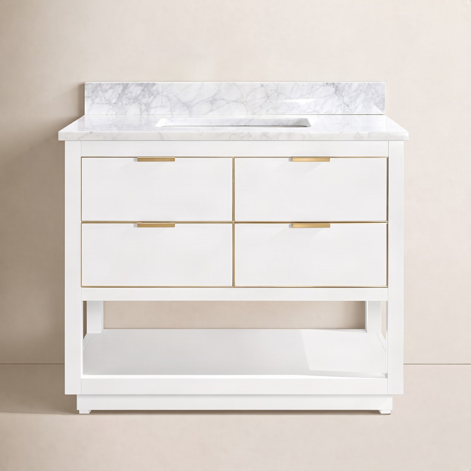 Allie Single Bathroom Vanity, White, 42"W, Carrara White Marble/Gold