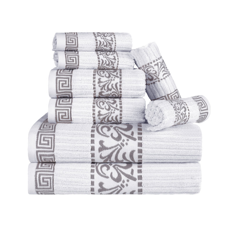 Athens 100% Cotton Medium Weight Floral Border 8-Piece Towel Set, White/Chrome