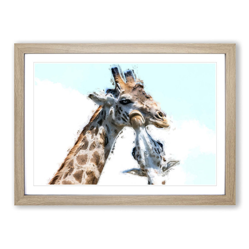 Giraffe with Calf - Picture Frame Painting Print, 62cm H x 87cm W x 2cm D, Oak Framed