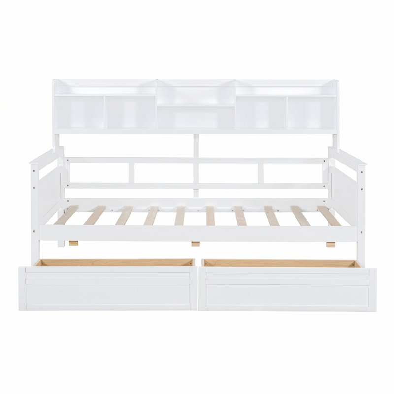 Lit de jour avec support en lattes de bois, tablettes de chevet et deux tiroirs, Lit simple, Blanc