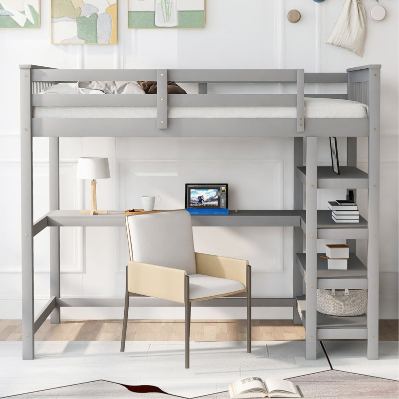 Lit mezzanine simple avec tablettes de rangement, Grey, Twin