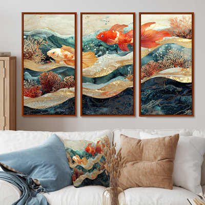 «Coastal Fish Friends Above A Coral I» - Art mural corail - ensemble de 3