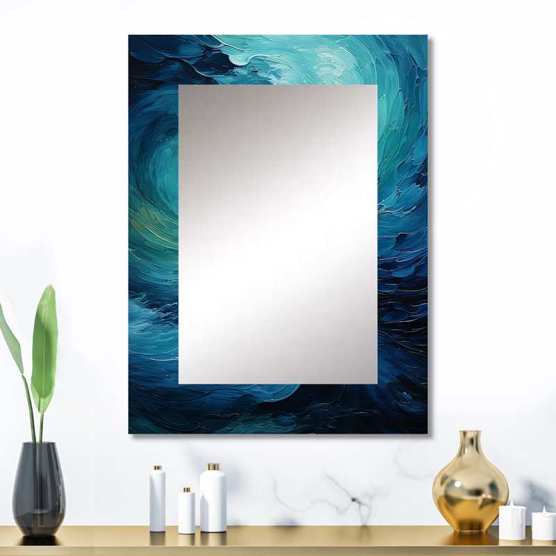 Aqua Blue And White Serenity Swirl II - Abstract Spirals Decorative Wall Mirror, Modern Mirror, Printed Metal Art, 32" x 24"