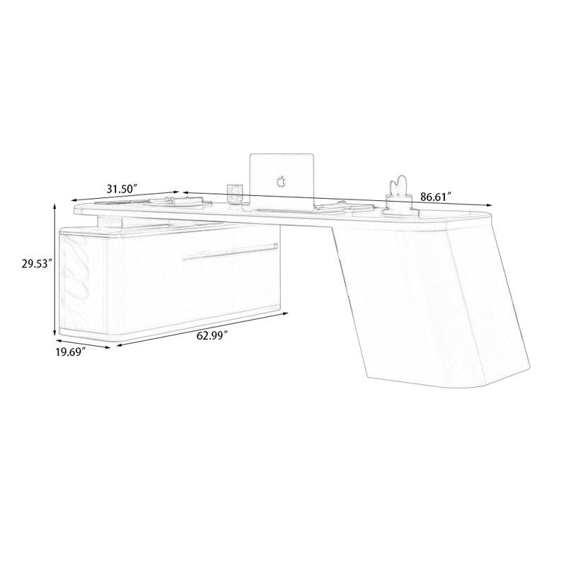 Bureau en L massif et bois manufacturé en L avec 2 tiroirs, H 29,53 po x l 86,61 po x P 31,5 po, Doré