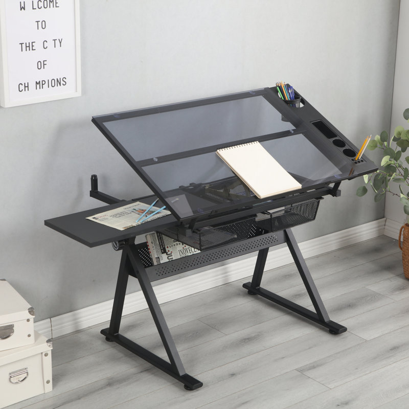 Adjustable Glass Top Drafting Table with Large Storage