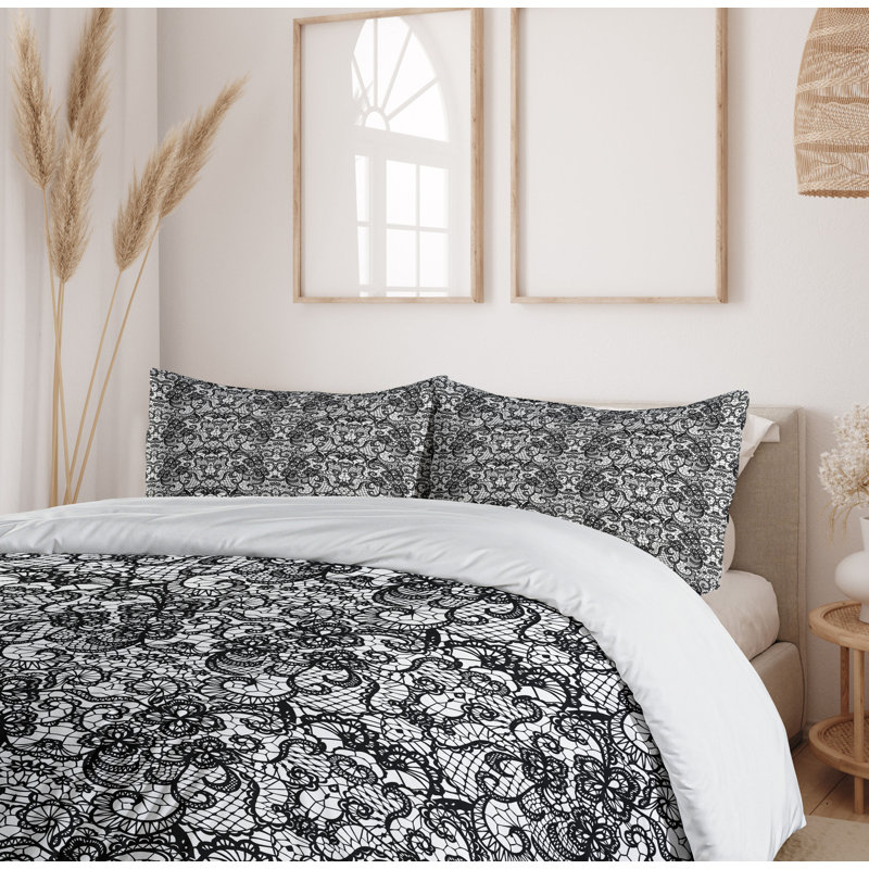 Victorian Black and White Microfiber Duvet Cover Set with Pillow Shams