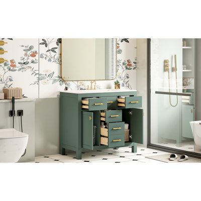 Meuble-lavabo moderne de 36 pouces avec armoire, lavabo en céramique, 2 armoires à fermeture douce, 4 tiroirs, glissières de finition, armoires de rangement, structure en pin massif, cuve de trop-plein pré-percée