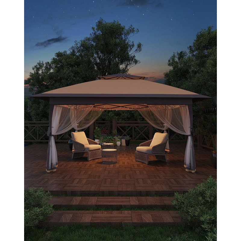 12' X12' Pop Up Gazebo, Canopy Tent With Mosquito Netting, One Push Setup, Tan