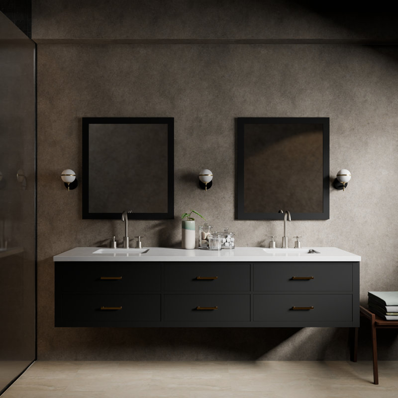 84" Wall-Mounted Double Bathroom Vanity Set, Black, White Cultured Marble