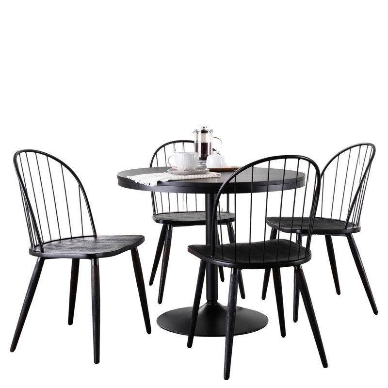 Ensemble de salle à manger industriel noir 5 pièces avec plateau en bois et chaises, hauteur fixe, aspect fuseau métallique, chaises