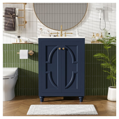 24-Inch Modern Bathroom Vanity with Ceramic Sink, Blue Solid Wood and MDF Base with Ornate Elliptical Motif