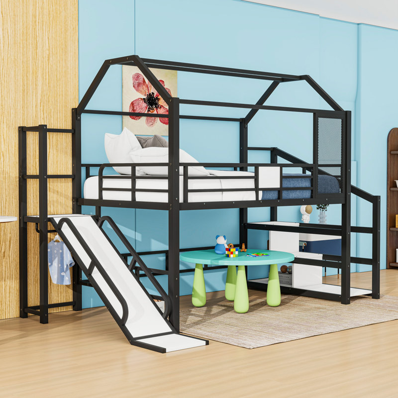 Metal Loft Bed With Staircase And Slide, Black, Full
