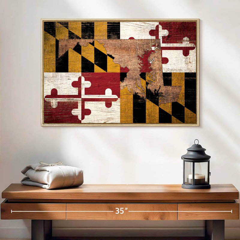 Carte d'État sur le drapeau du Maryland, 25 po x 17 po, Cadre flottant en bois naturel