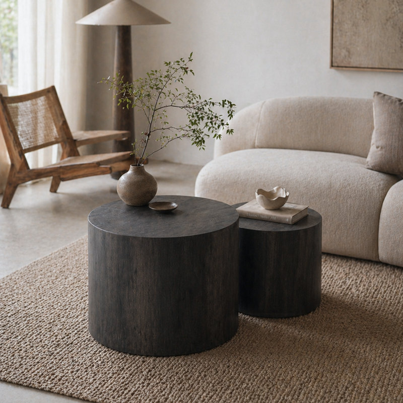 Ensemble de 2 gigognes gigognes avec base robuste, Grain de bois noir