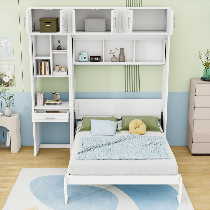 Lit escamotable mural 1 tiroir avec bureau, armoires et tablettes, Double, Blanc