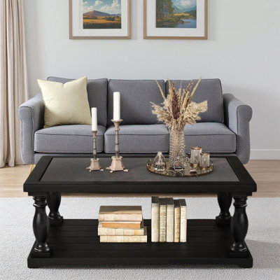 43.7''Farmhouse Rectangular Coffee Table with Open Lower Shelf and Turned Spindle Wood Legs