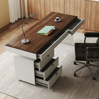 Nut-brown+Gray+Silver Rectangular Manufactured Wood+Stainless Steel Writing desk with drawers desk