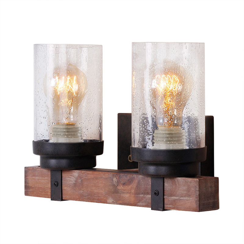 Lampe murale industrielle pour salle de bain 2 lumières en bois