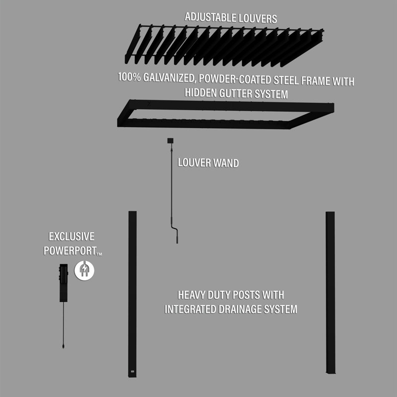 Backyard Discovery Evanston Galvanized Steel Wall-Mounted Louvered Pergola Kit with Adjustable Steel Roof and PowerPort