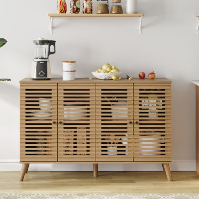 47" W Buffet Cabinet With 4 Slatted Doors, Mid-century Buffet Sideboard With Shelves, Accent Storage Cabinets Cupboard Console For Dining Room, Kitchen, Oak