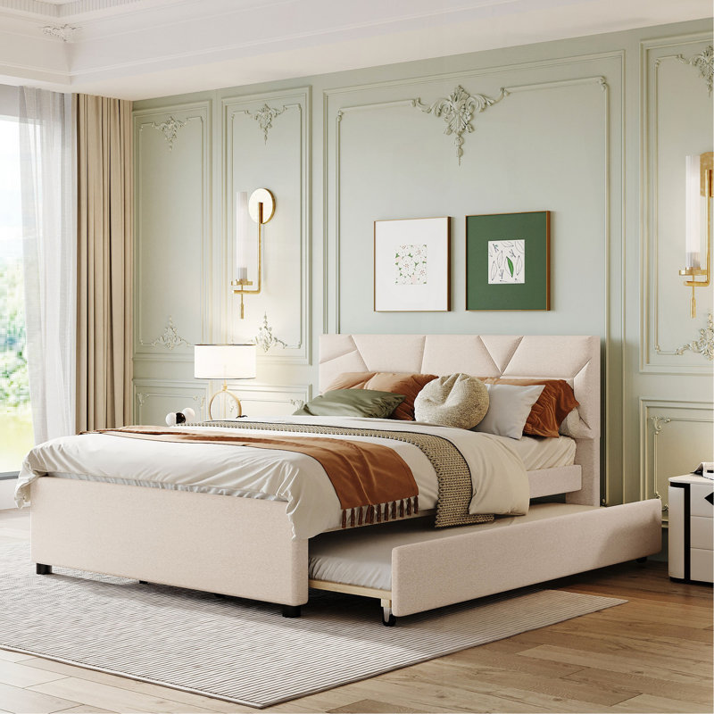 Grand lit plateforme tapissier avec tête de lit à motif brique et gigogne simple TG, tissu en lin, Beige