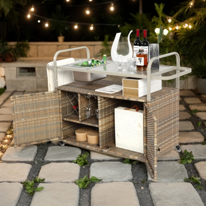 Outdoor Rolling Wicker Bar Cart, Large Portable Outdoor Wicker Bar Table With Cabinet Storage And Steel Countertop, Patio Wicker Serving Bar Cart For Pool, Party, Backyard