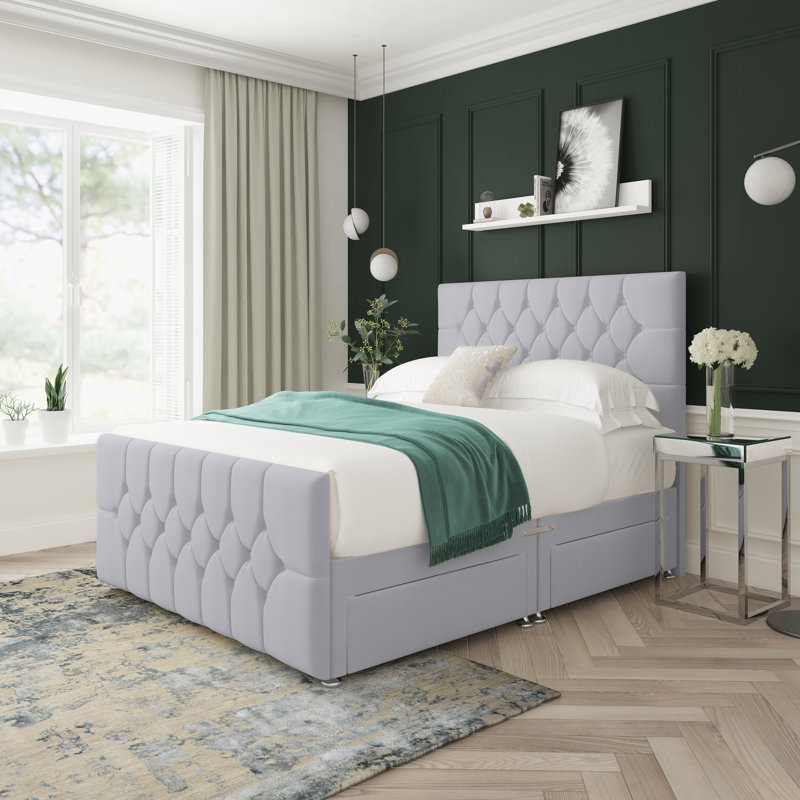 Upholstered Divan Bed, Single (3'), Silver, Right Side Drawers
