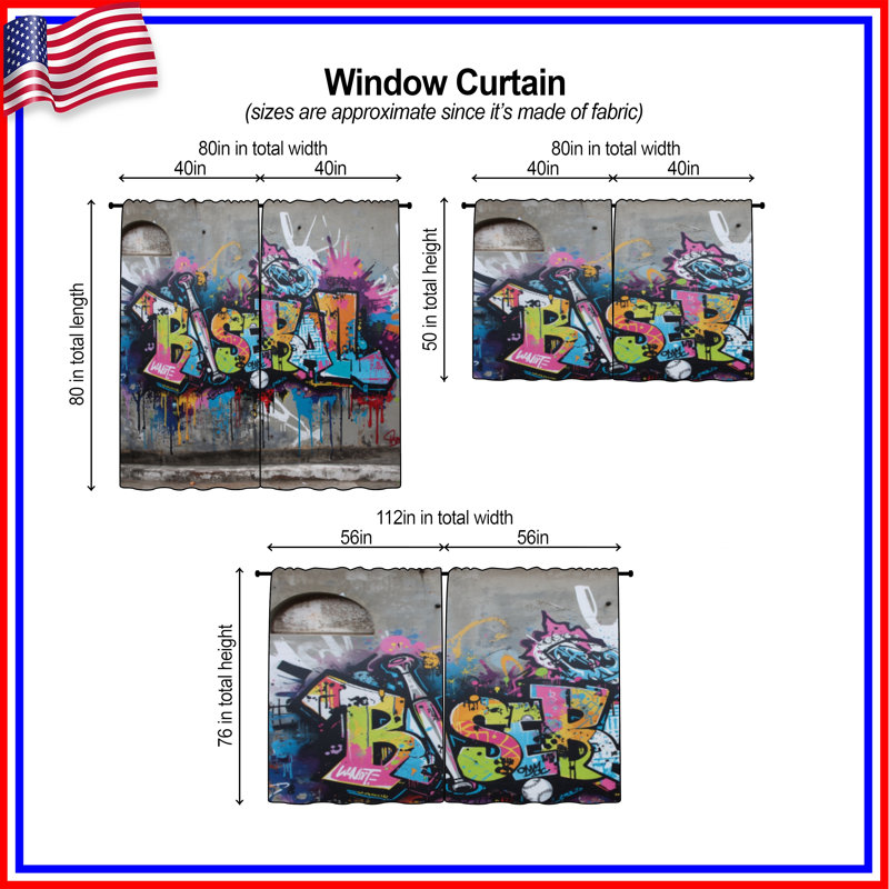 Rideaux de fenêtre Graffiti Baseball Bat, 40 po x 52 po - 2 panneaux, Obscurcissement de chambre