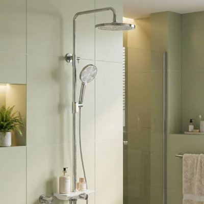 Quality Shower Riser Rail Kit with Shelf – 10" Round Rainfall Overhead Shower – 3+1 Function Handheld Shower & Spray Tool – Adjustable Wall Mount – Anti-Leak Hose– 250mm round overhead spray