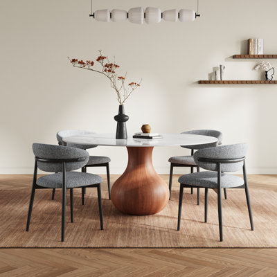Modern 5 Pieces Dining Room Table Set, Pre-Assembly Dining Set, Sintered Stone Tabletop Round Kitchen Table With Lucky Upholstered Chairs For 4