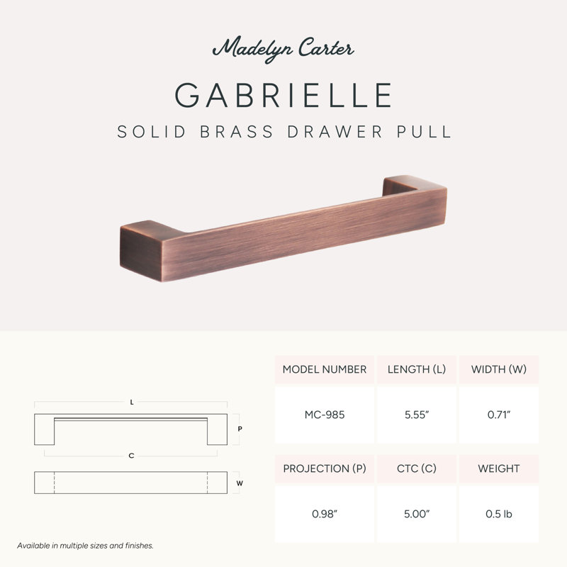 Madelyn Carter Gabrielle Solid Brass Drawer Pull, 5", Antique Copper