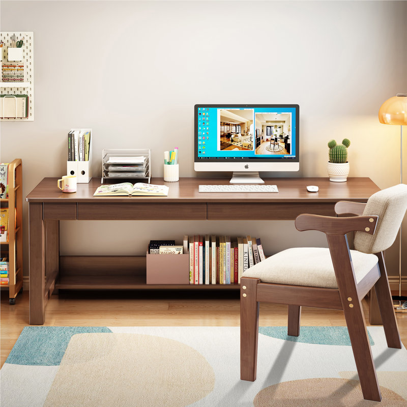 63" Wooden Computer Desk & Chair Set, Home Office Workstation Writing Table, Brown