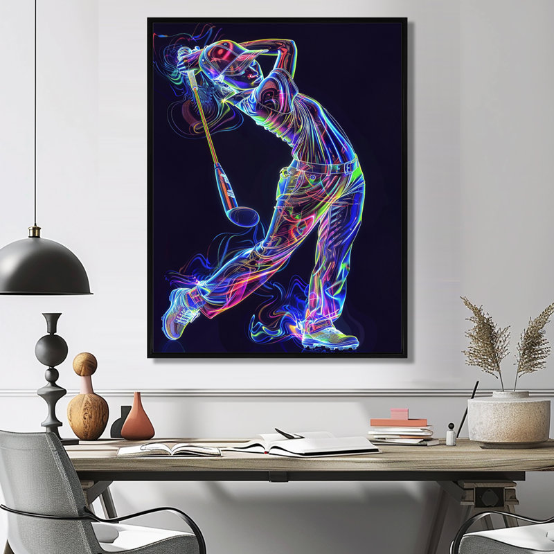 Neon Gold Player Striking - Sport Golf, art mural, H 20 po x l 12 po x P 1 po, Cadre flottant noir