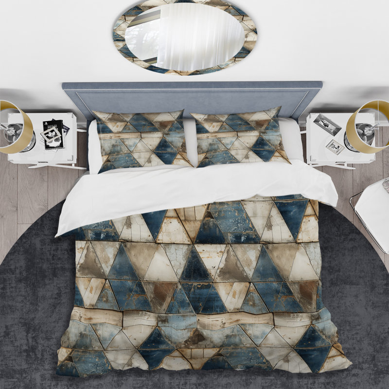 Natural Tones Grey And Beige Mosaic Geometric Shapes Duvet Cover, King Duvet Cover + 2 King Shams, Geometric Shapes 8