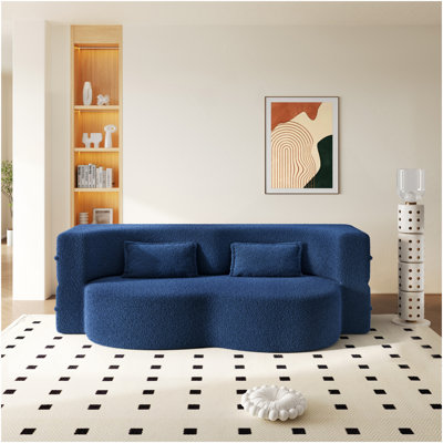 Canapé-lit moderne avec 2 coussins, canapé-lit convertible en tissu rembourré de mousse, matelas pliant simple de 15 po pour le salon, lit d'invité, salle de jeux, aucun assemblage requis, bleu