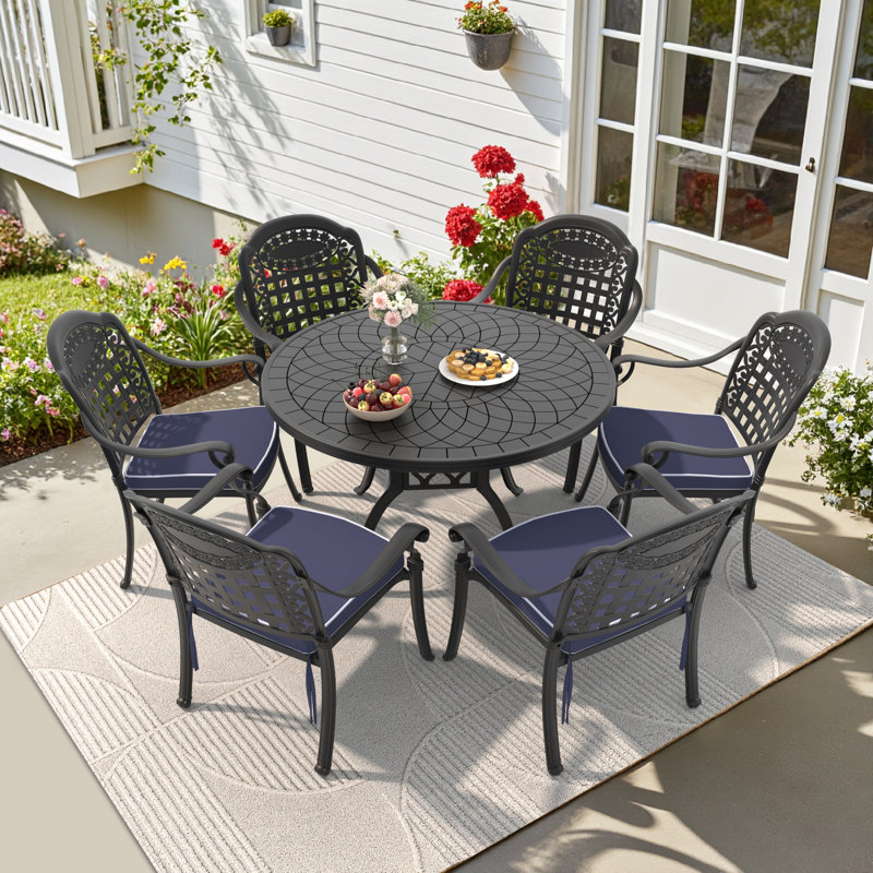 6-Piece Cast Aluminum Round Outdoor Dining Set with Blue Cushions