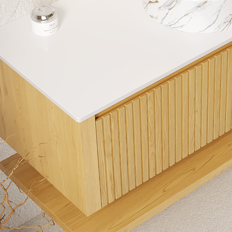 HIZON 48" Wall-Mounted Corolla Oak Woodgrain Plywood Bathroom Storage Cabinet With Drawer And Shelf, White Sintered Stone Countertop, NO Basin, NO Faucet And Sink Cover