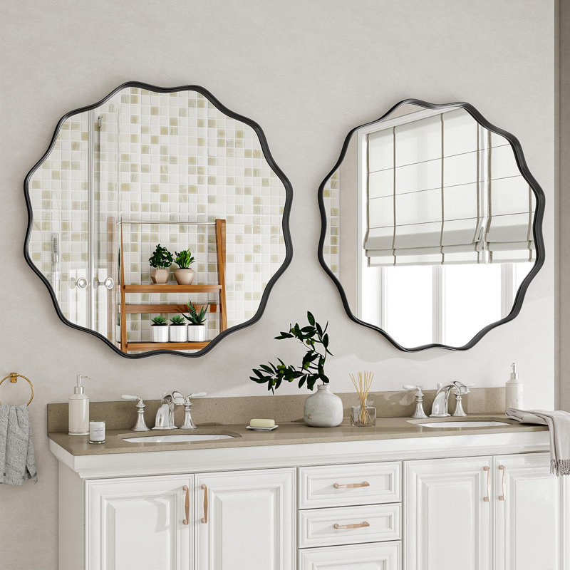Wavy Round Bathroom Wall Mounted Mirror Vanity  Makeup Mirror with Deep Frame, 24" x 24", Black